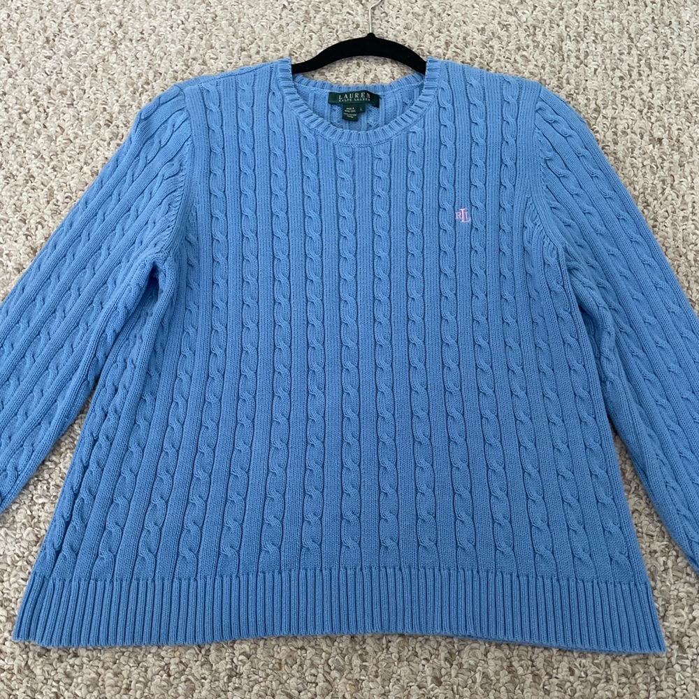 Vintage Lauren Ralph Lauren Blue Cotton Cable Knit Sweater w/ Pink Logo